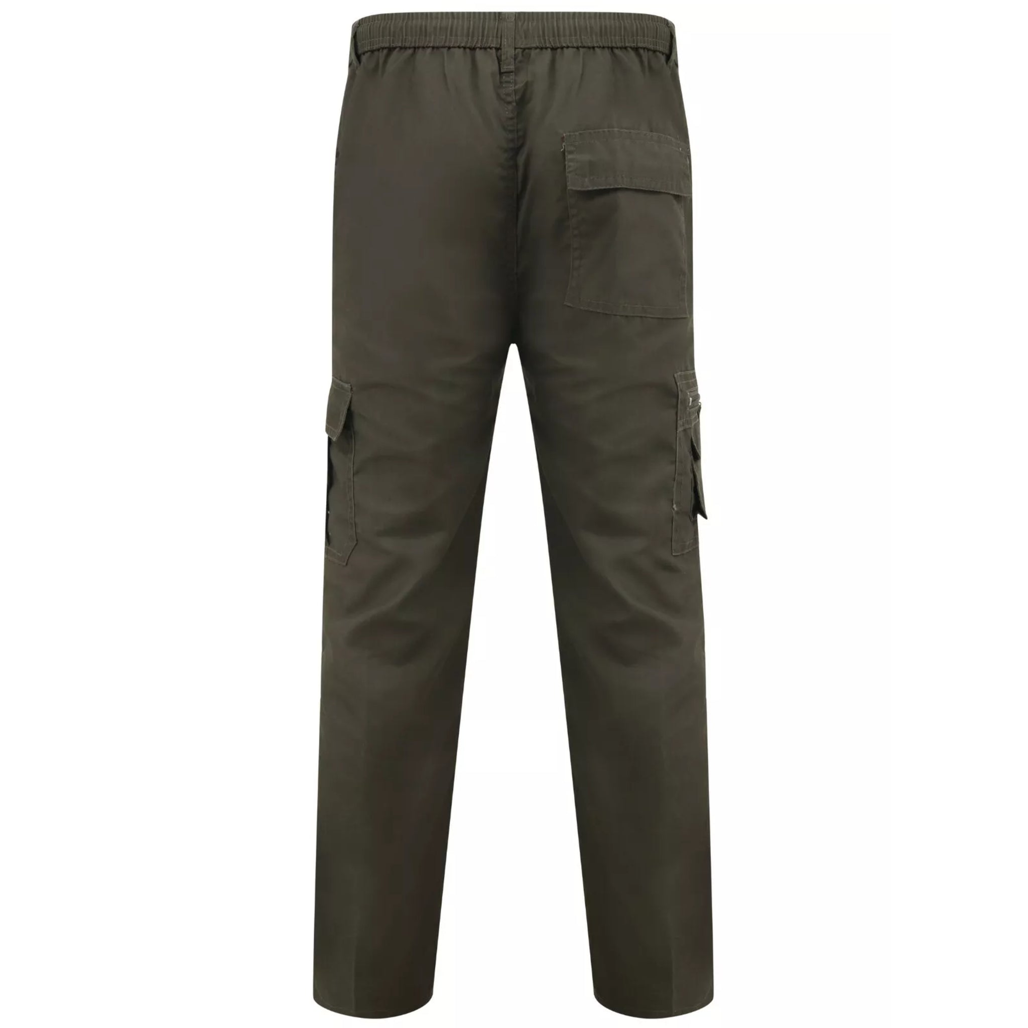 Men's dark khaki cargo utility trousers with side flap pockets, elasticated waistband, and belt loops – durable workwear or outdoor pants